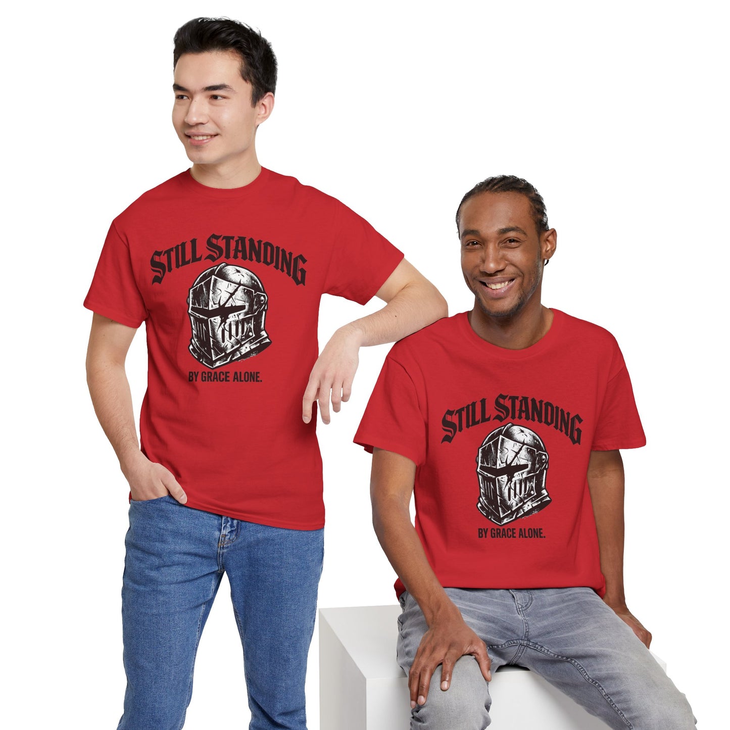 Still Standing Helmet Graphic Tee — "By Grace Alone" Inspirational Knight T‑Shirt