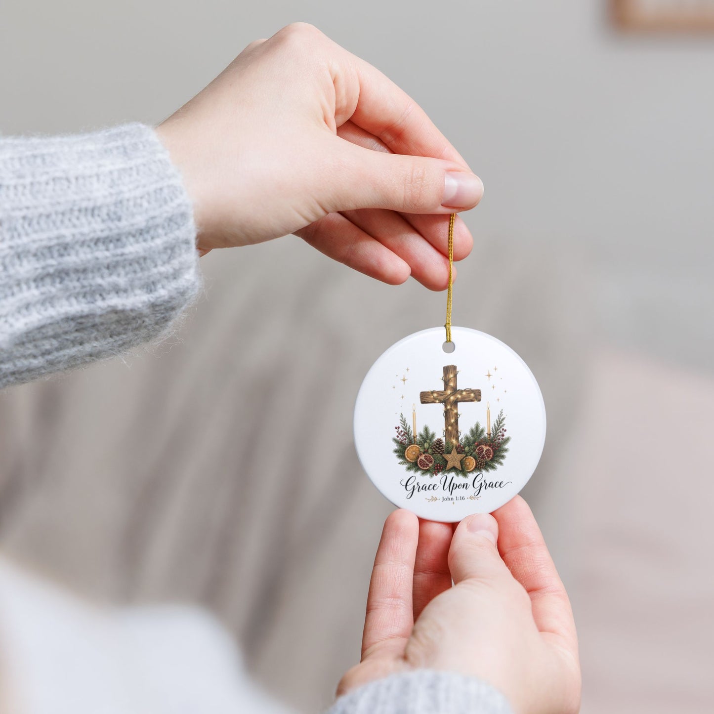 Grace Upon Grace Ceramic Ornament — Christian Cross Christmas Decoration (John 1:16)