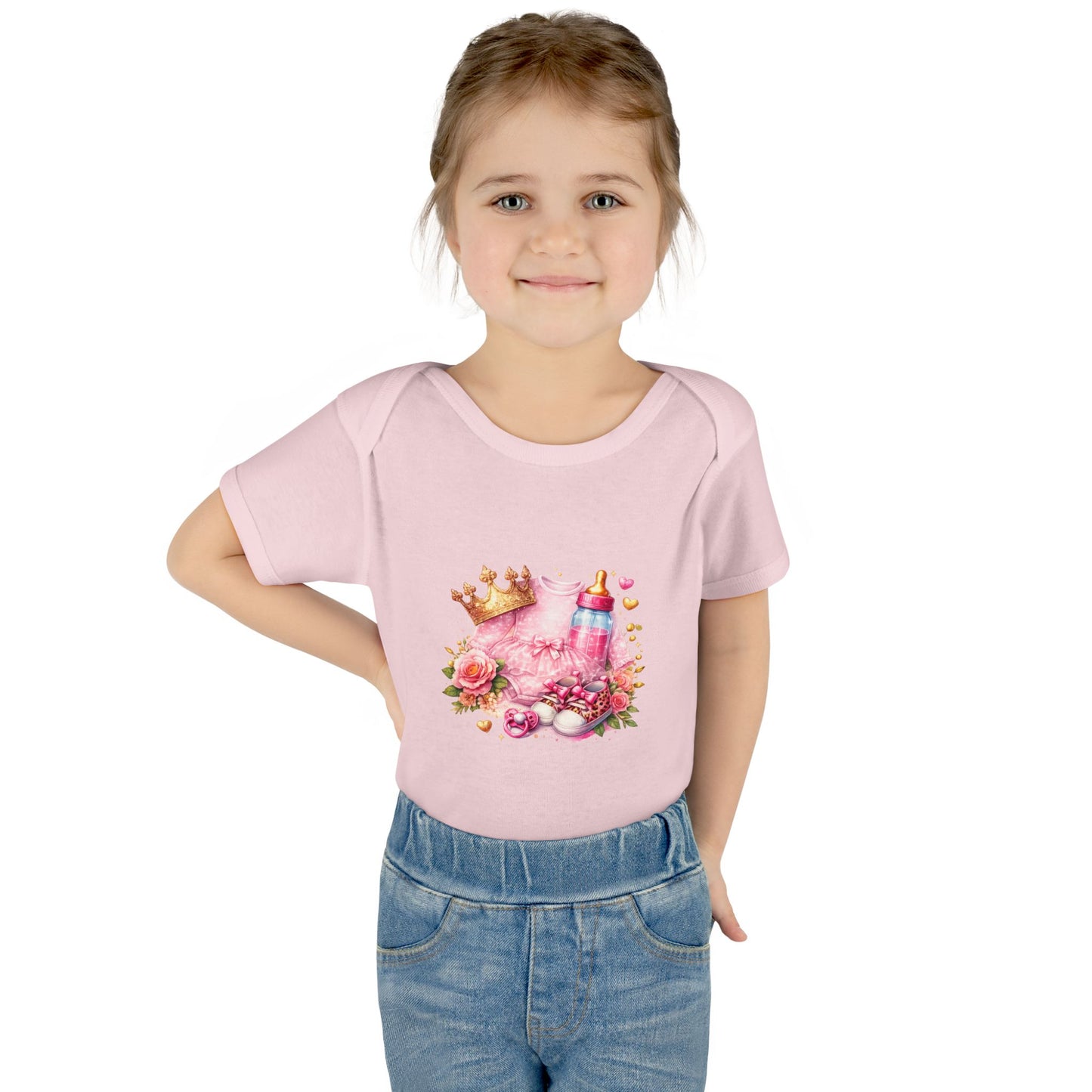 Baby Bodysuit – Pink Princess Crown & Bottle Floral Newborn Onesie