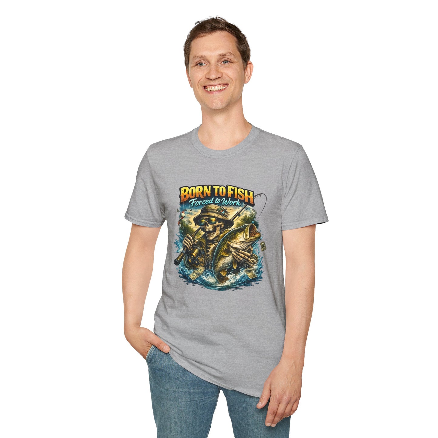 Born to Fish T‑Shirt — "Forced to Work" Fishing Skull Graphic Tee