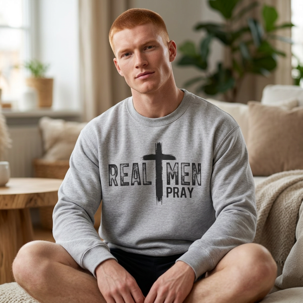 Crewneck Sweatshirt — "Real Men Pray" Christian Cross Faith Graphic