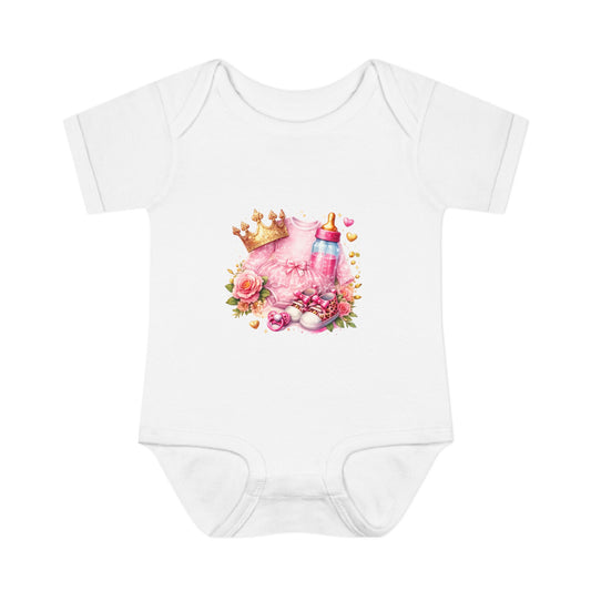 Baby Bodysuit – Pink Princess Crown & Bottle Floral Newborn Onesie