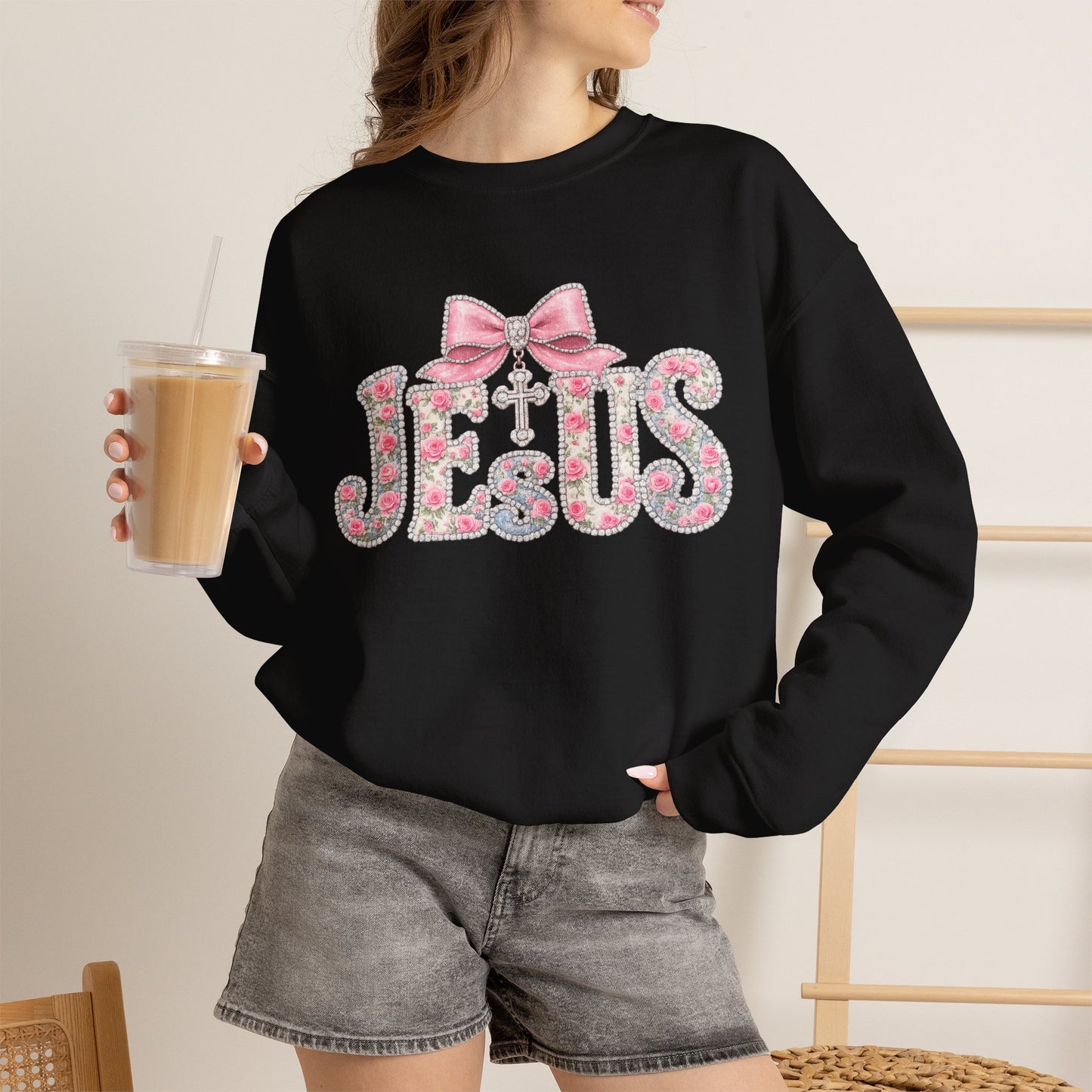 Jesus Floral Bow Crewneck Sweatshirt — Pink Cross Faith Graphic
