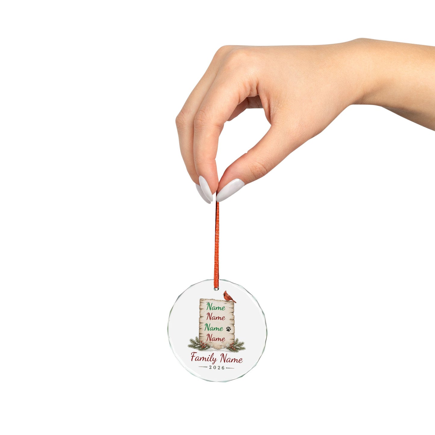 Personalized Family Glass Ornament – Custom Names & Year (Cardinal Design)