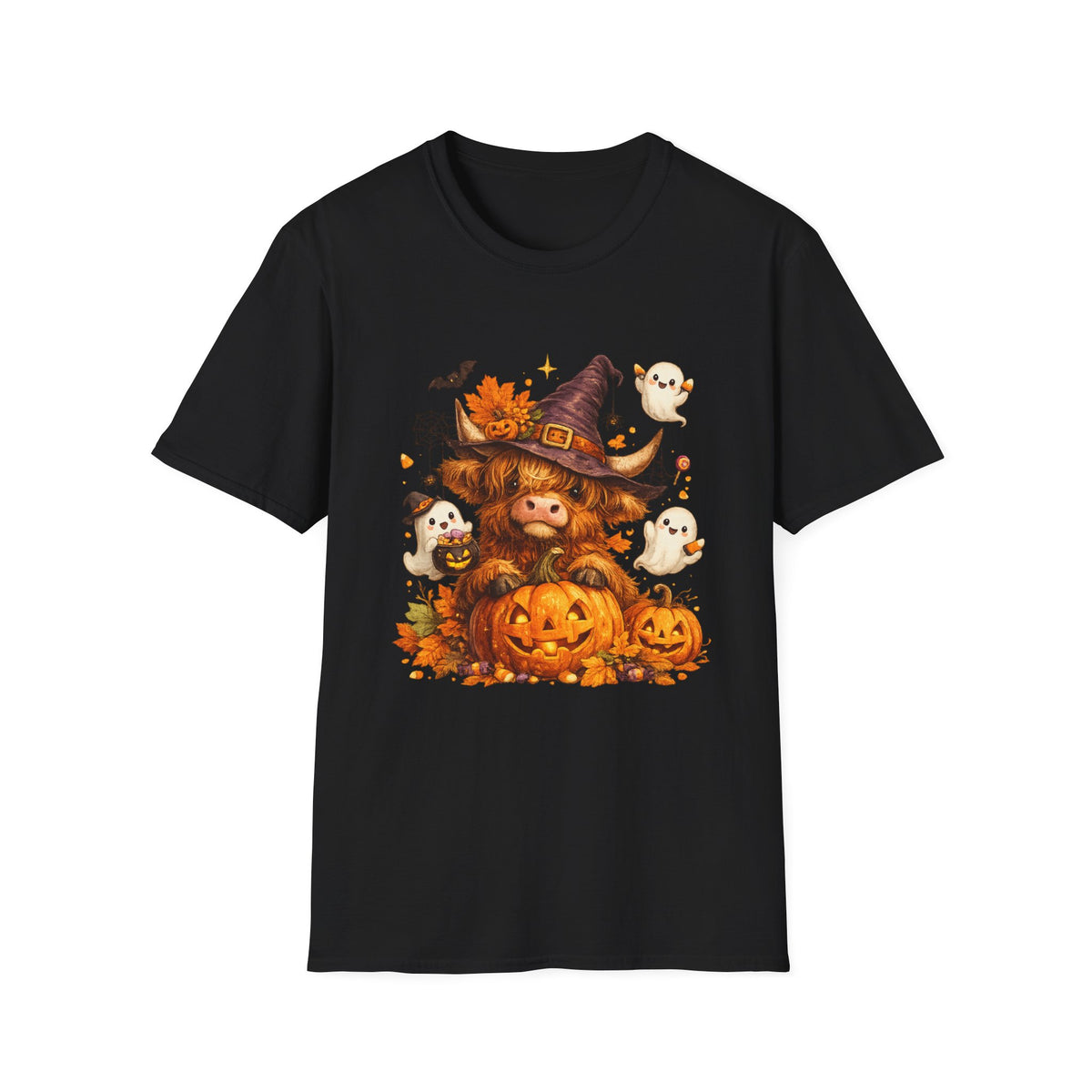 Halloween Highland Cow T-Shirt — Cute Cow in Witch Hat with Pumpkins & Ghosts