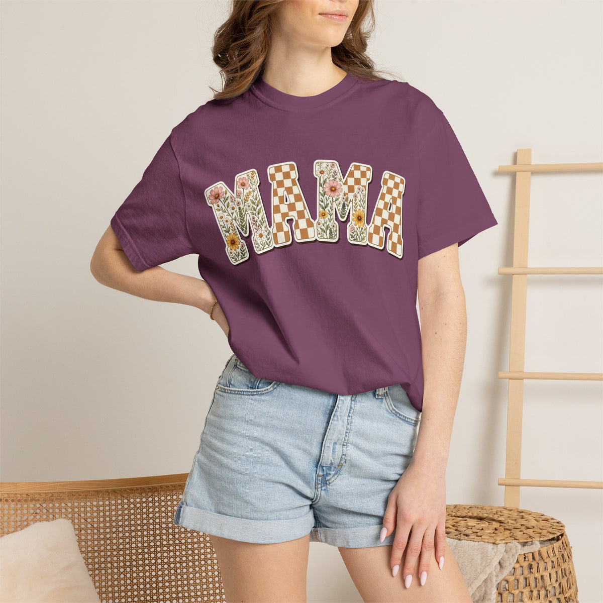 Mama Floral Checkerboard T-Shirt — Retro Mom Graphic Tee