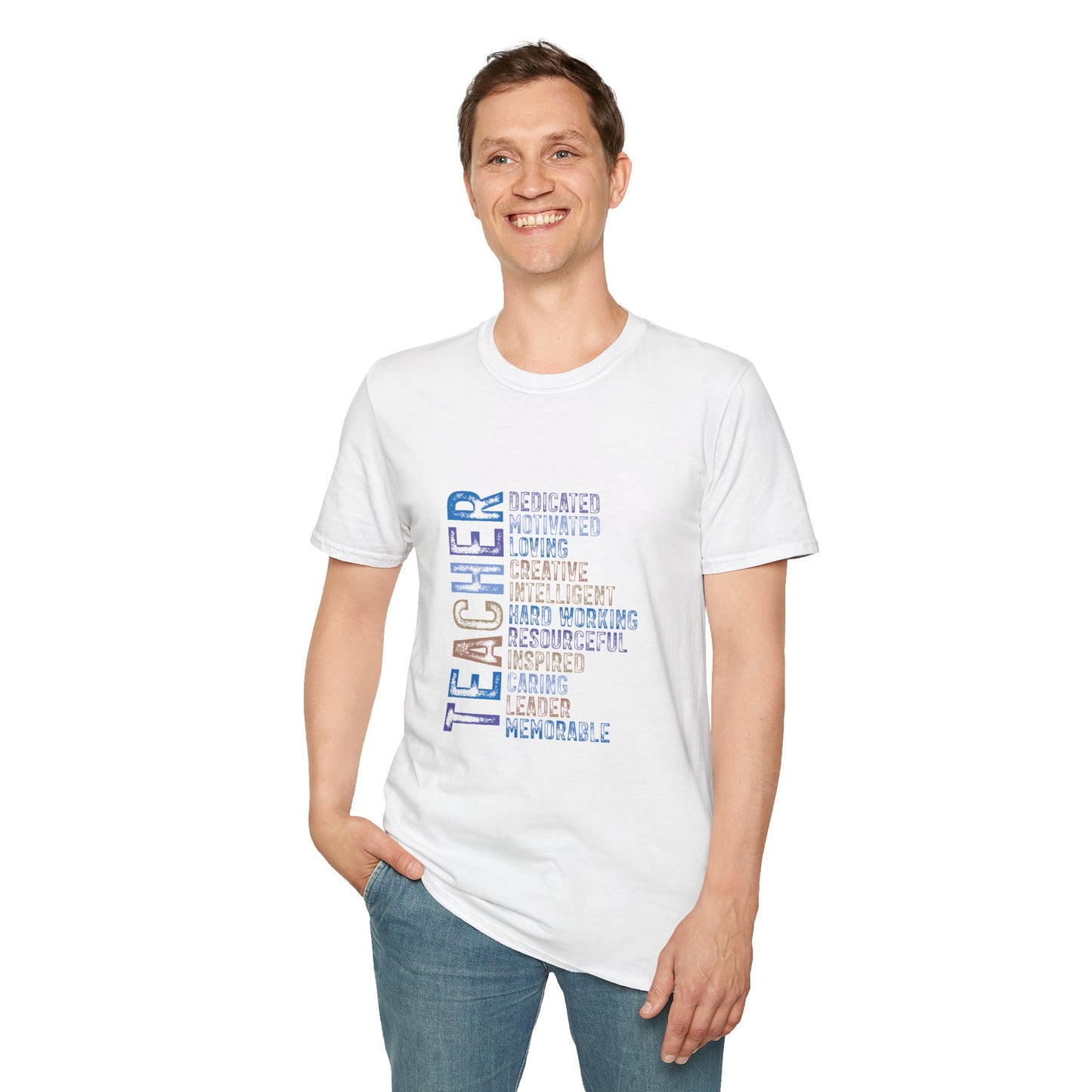 Teacher Vertical Word Cloud T-Shirt — 'Teacher: Dedicated, Motivated, Loving, Creative, Intelligent, Hard Working'