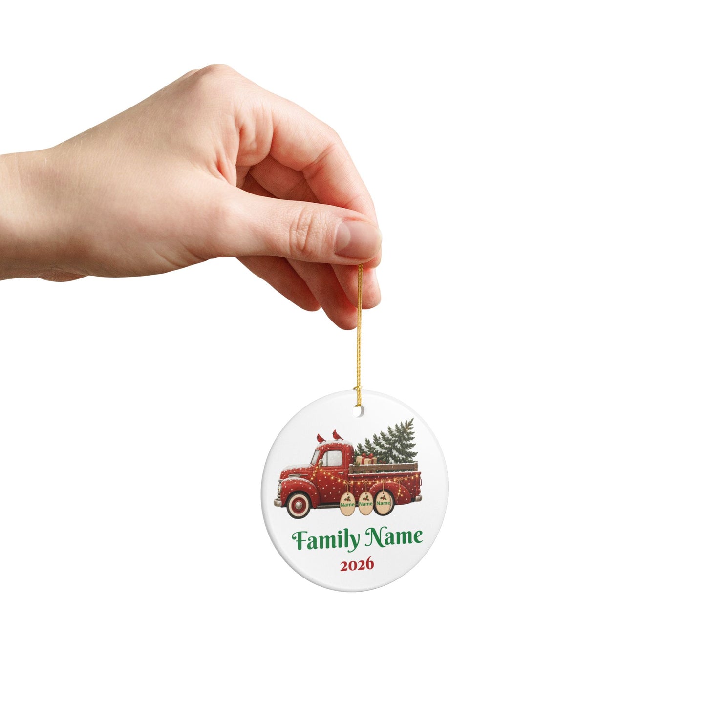 Personalized Red Truck Christmas Ornament — Family Name & 2026 Ceramic Decoration