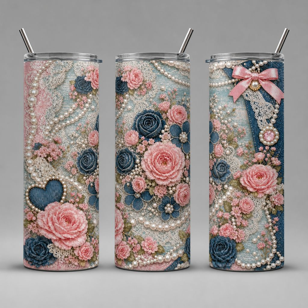 Floral Decoupage with Denim and Lace - 20oz Tumbler