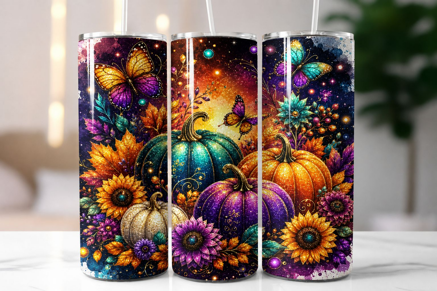 Vibrant Fantasy Autumn Scene With Pumpkins And Butterflies Tumbler