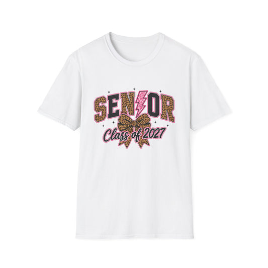 Senior Class of 2027 Tee — Leopard Print & Pink Lightning Graduation Shirt