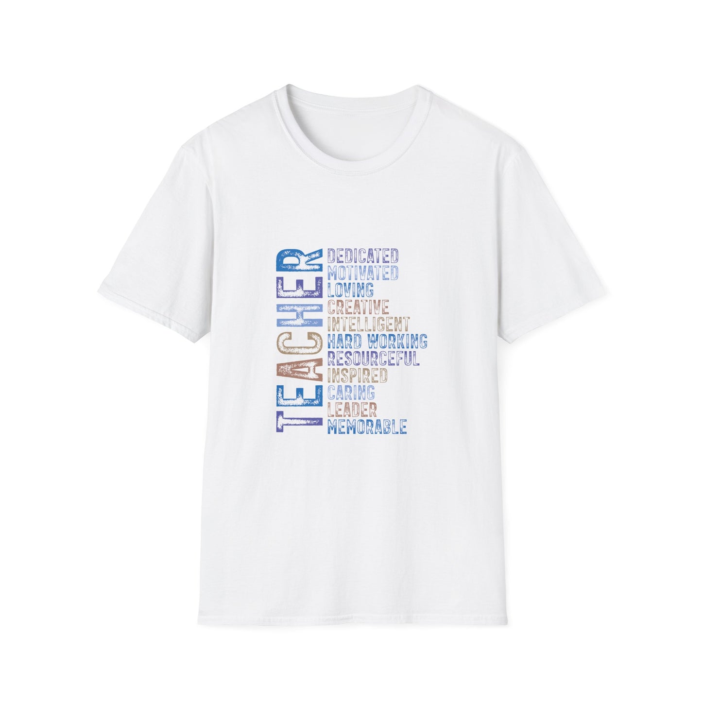 Teacher Vertical Word Cloud T-Shirt — 'Teacher: Dedicated, Motivated, Loving, Creative, Intelligent, Hard Working'