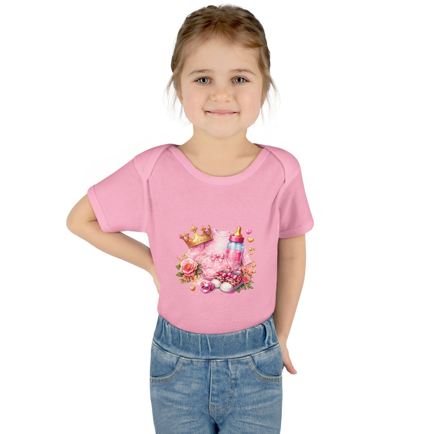 Baby Bodysuit – Pink Princess Crown & Bottle Floral Newborn Onesie