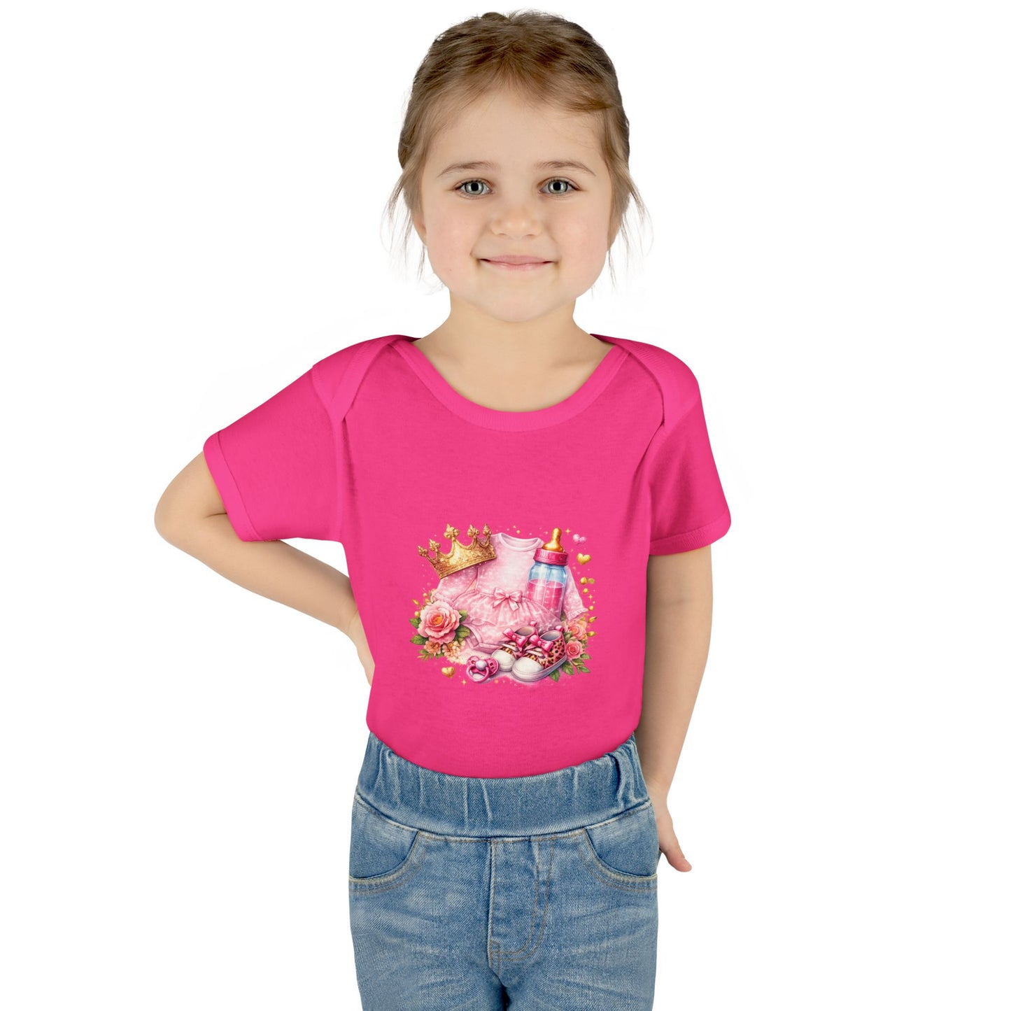 Baby Bodysuit – Pink Princess Crown & Bottle Floral Newborn Onesie