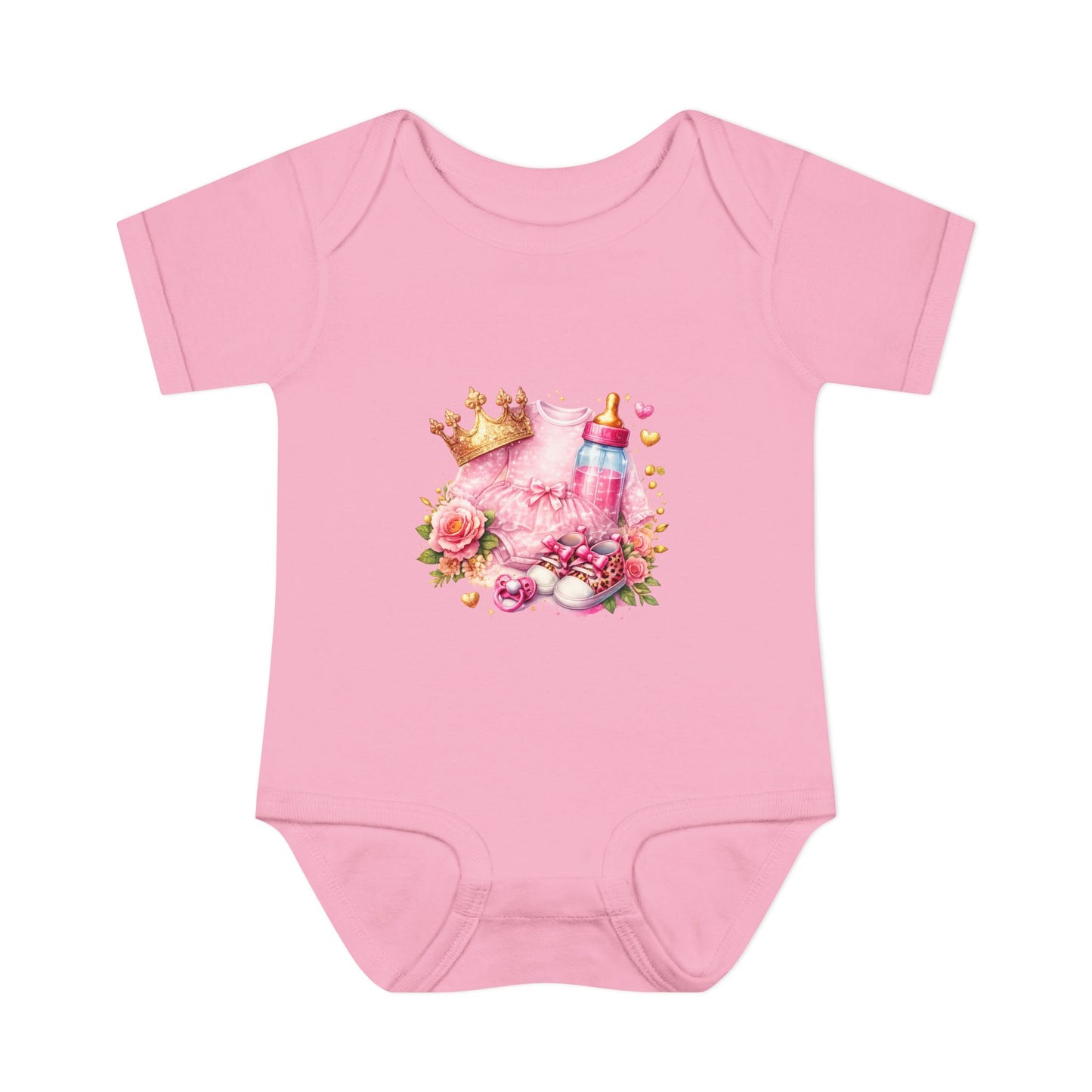 Baby Bodysuit – Pink Princess Crown & Bottle Floral Newborn Onesie