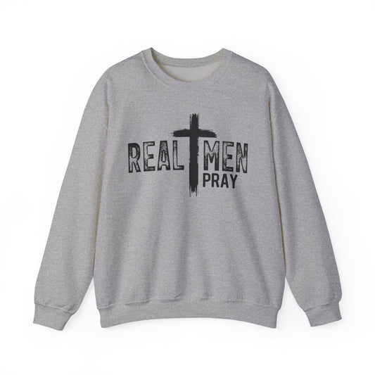 Crewneck Sweatshirt — "Real Men Pray" Christian Cross Faith Graphic