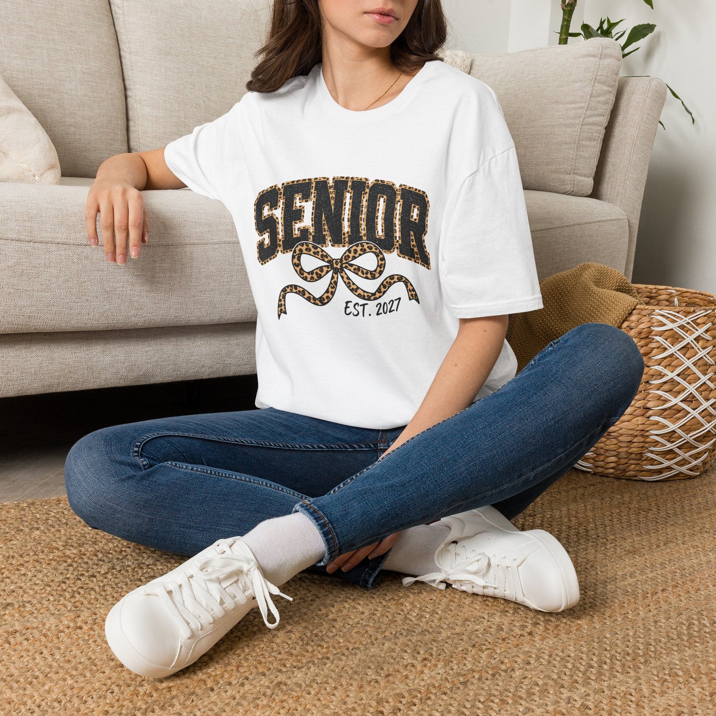 Senior Leopard Bow T-Shirt — 'Senior' Graphic Tee with Leopard Print Accent