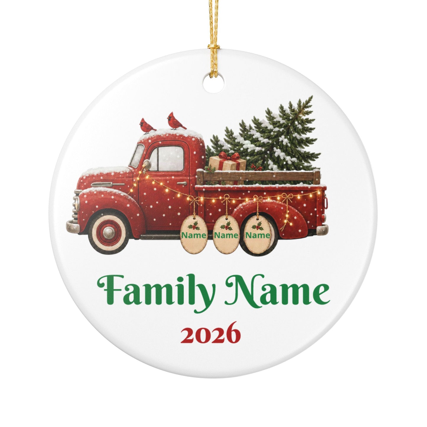 Personalized Red Truck Christmas Ornament — Family Name & 2026 Ceramic Decoration