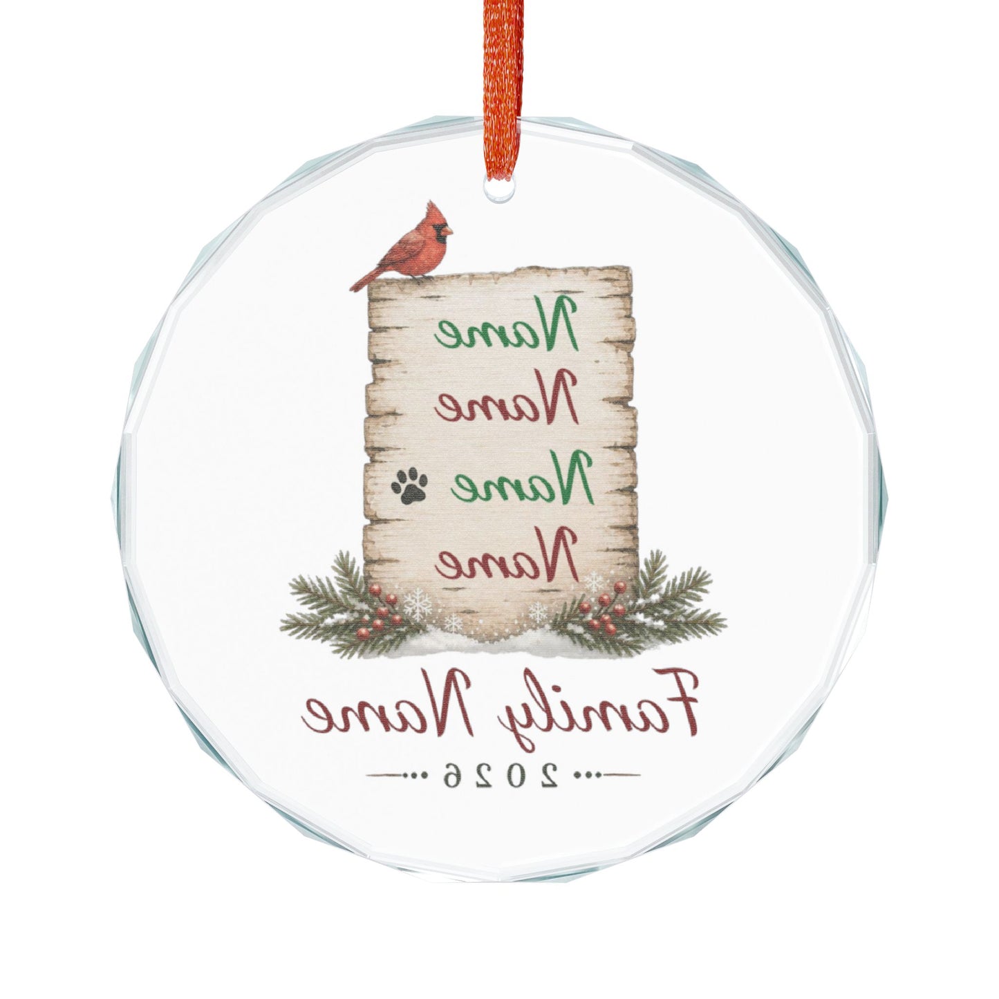 Personalized Family Glass Ornament – Custom Names & Year (Cardinal Design)