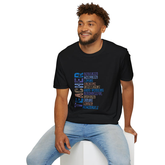 Teacher Vertical Word Cloud T-Shirt — 'Teacher: Dedicated, Motivated, Loving, Creative, Intelligent, Hard Working'