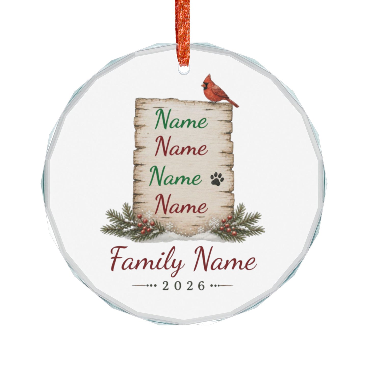 Personalized Family Glass Ornament – Custom Names & Year (Cardinal Design)