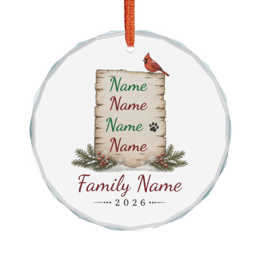 Personalized Family Glass Ornament – Custom Names & Year (Cardinal Design)