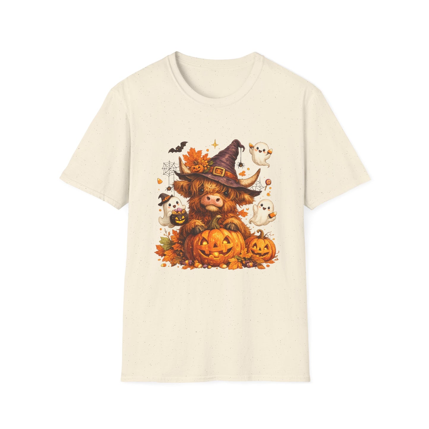 Halloween Highland Cow T-Shirt — Cute Cow in Witch Hat with Pumpkins & Ghosts