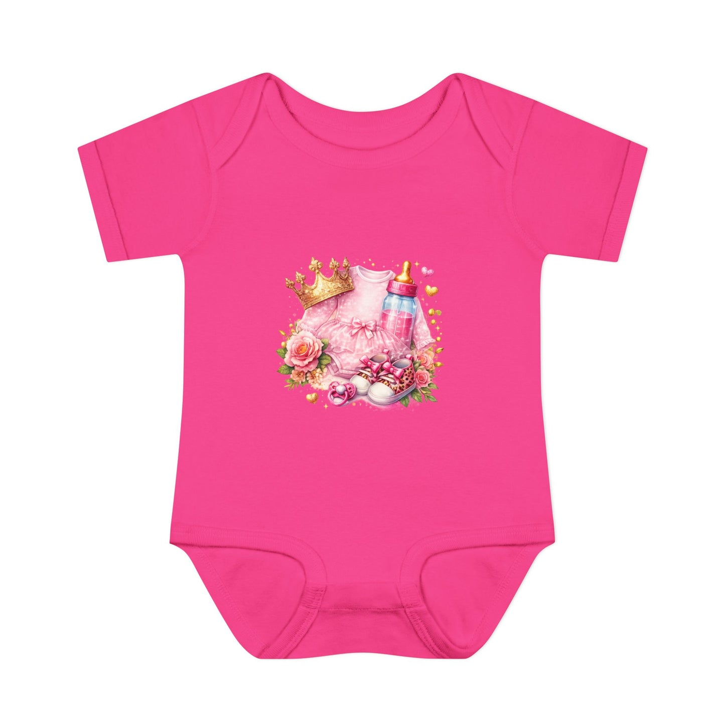 Baby Bodysuit – Pink Princess Crown & Bottle Floral Newborn Onesie