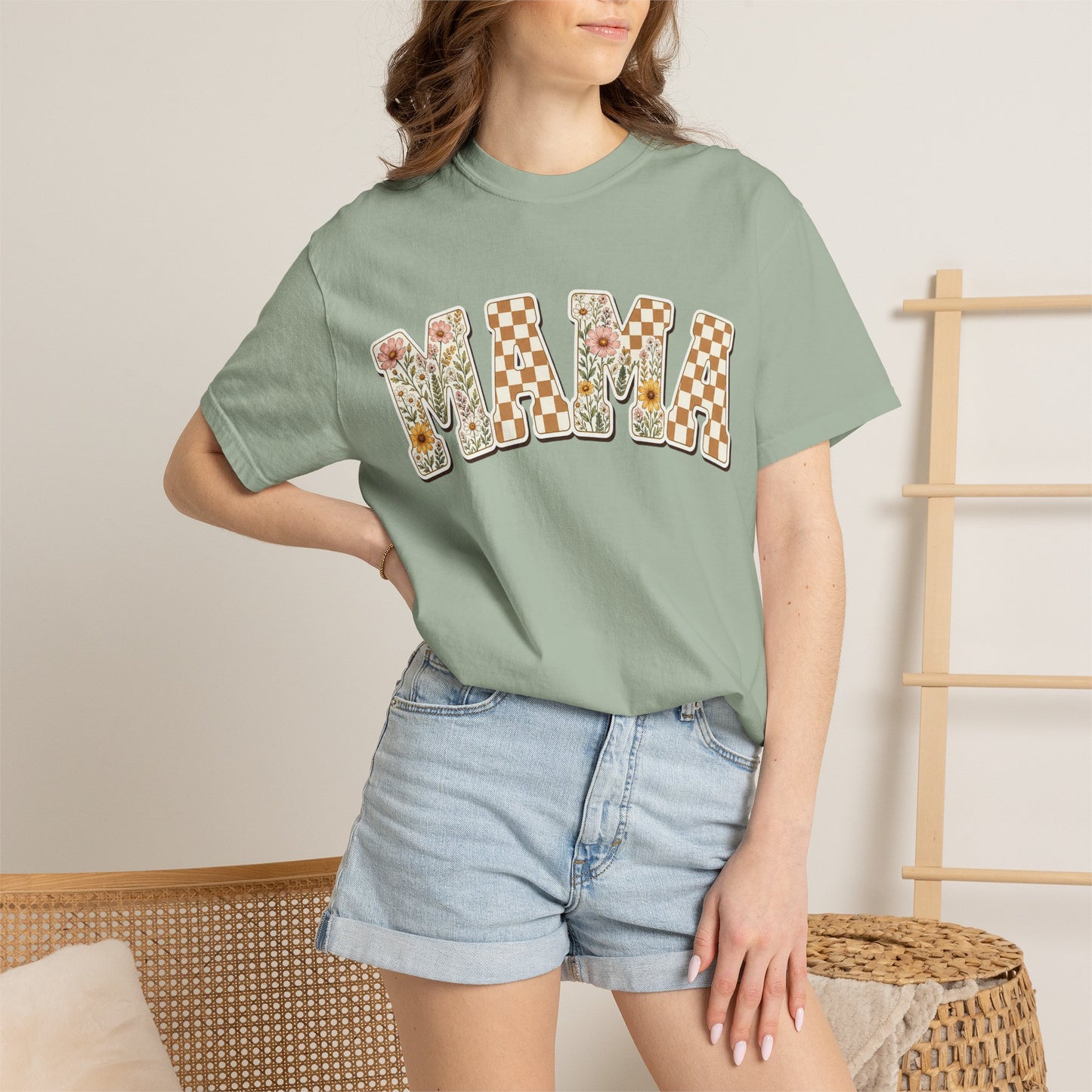 Mama Floral Checkerboard T-Shirt — Retro Mom Graphic Tee