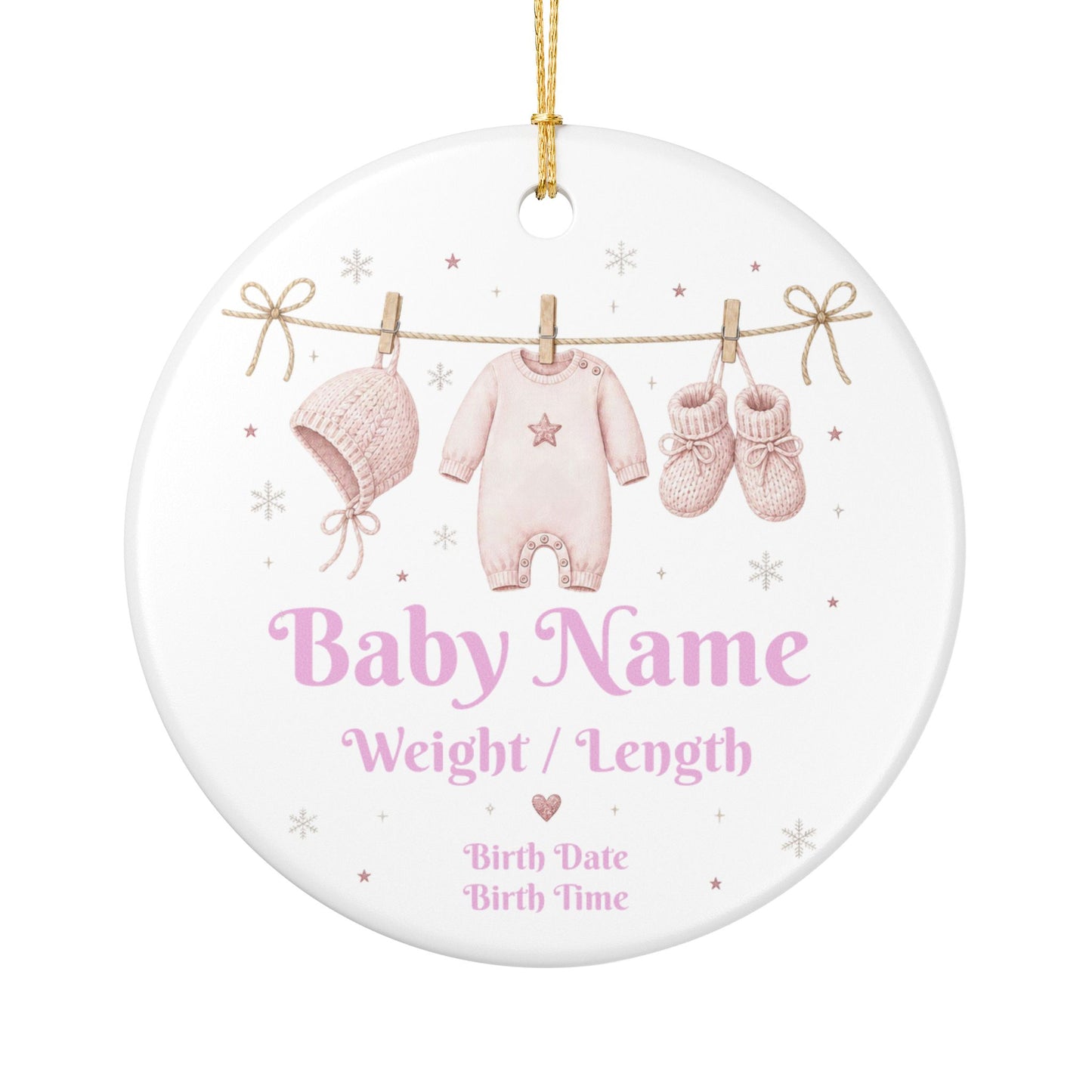 Personalized Baby Ornament — Pink Newborn Keepsake (Name, Weight, Length, Birth Date & Time)
