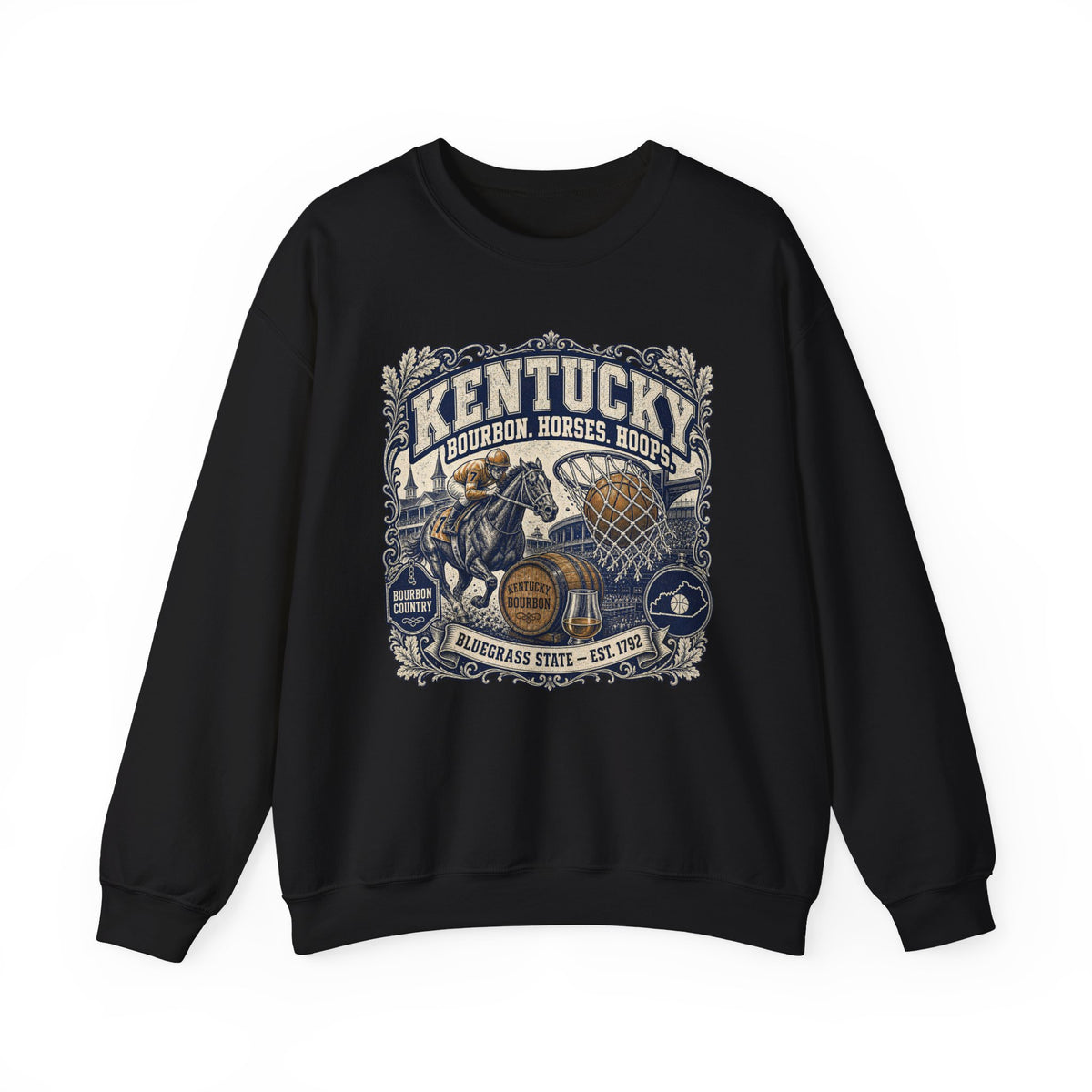 Kentucky Bourbon & Horses Crewneck Sweatshirt — Bluegrass State Graphic Sweatshirt