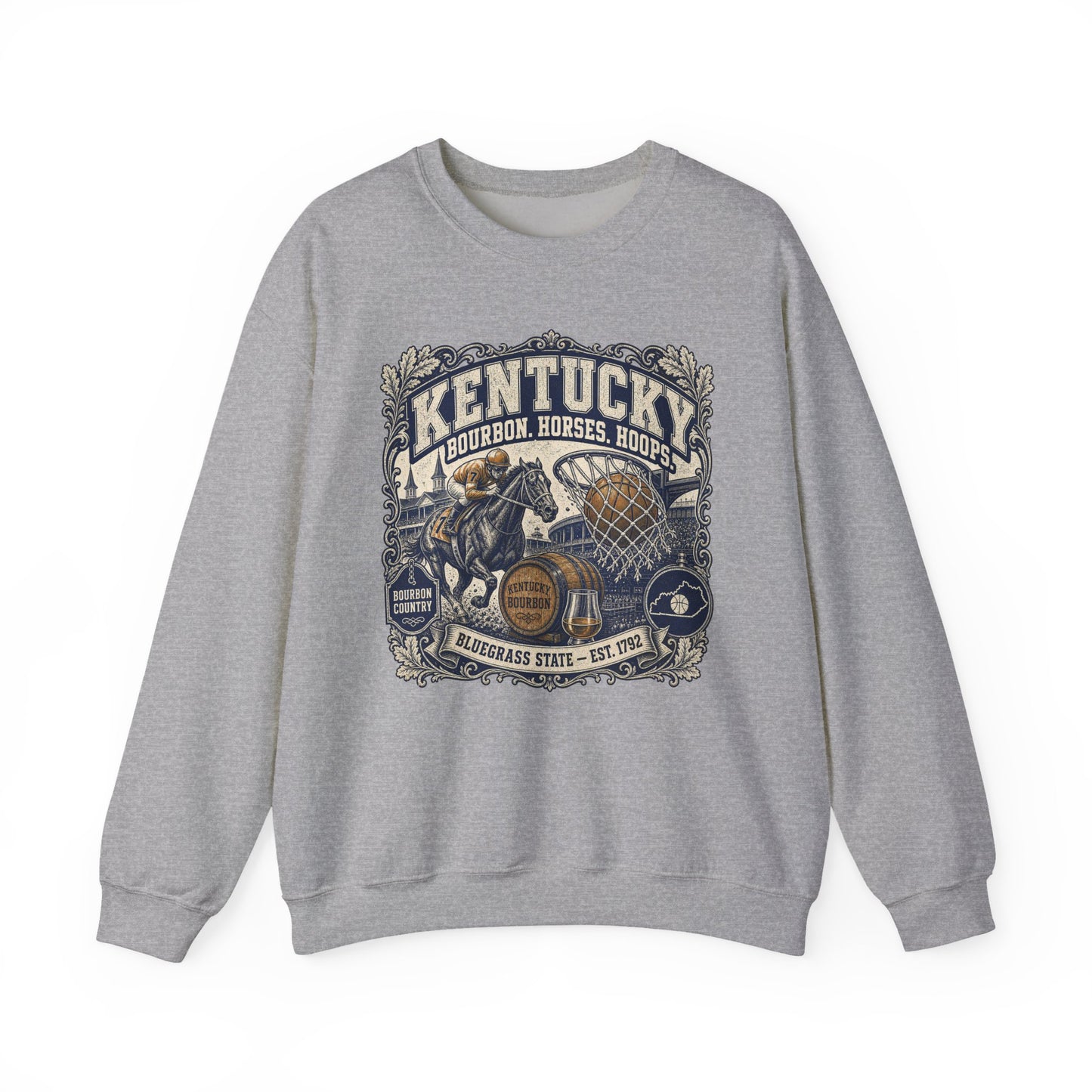 Kentucky Bourbon & Horses Crewneck Sweatshirt — Bluegrass State Graphic Sweatshirt