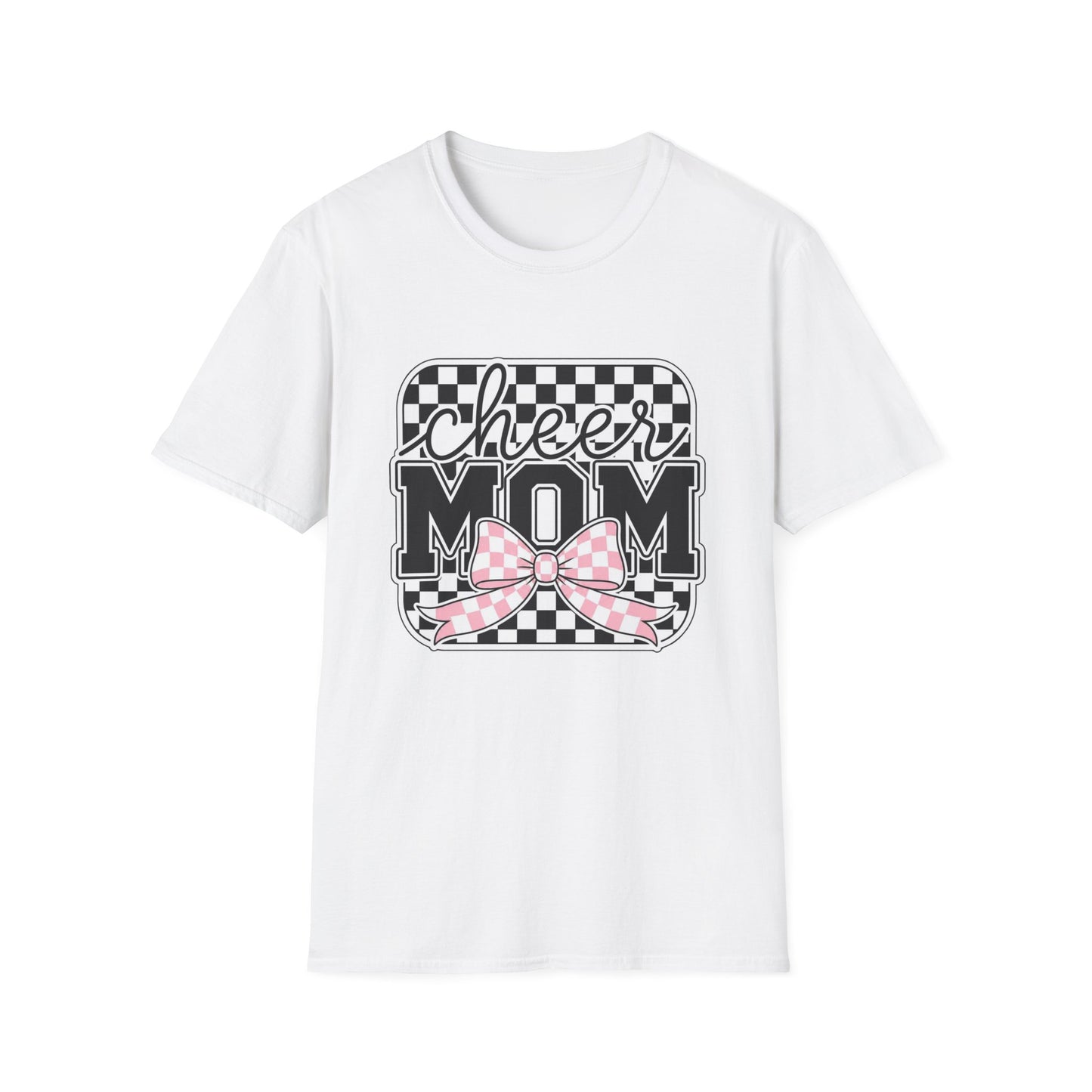 Cheer Mom T‑Shirt — Checkerboard Design with Pink Plaid Bow