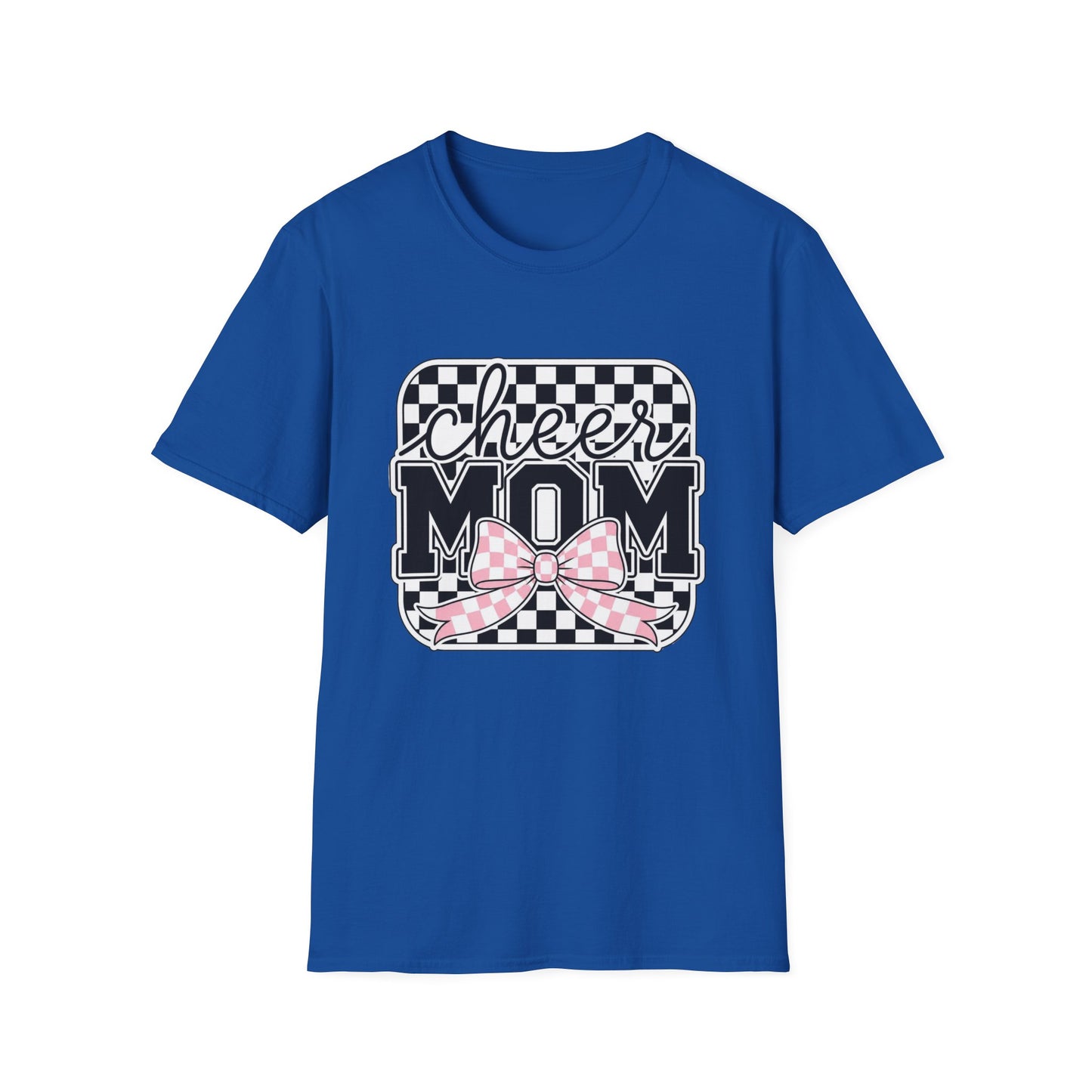 Cheer Mom T‑Shirt — Checkerboard Design with Pink Plaid Bow