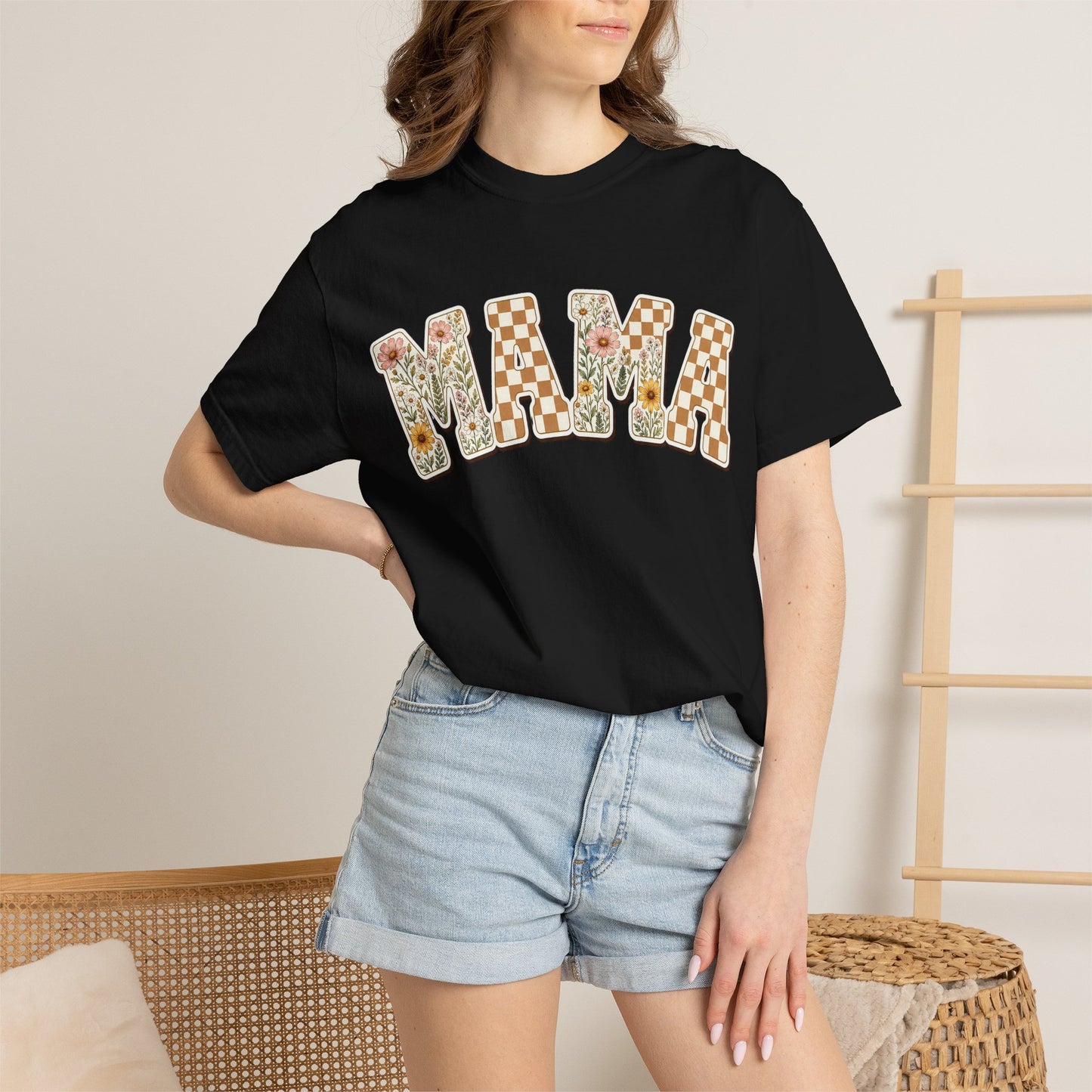 Mama Floral Checkerboard T-Shirt — Retro Mom Graphic Tee
