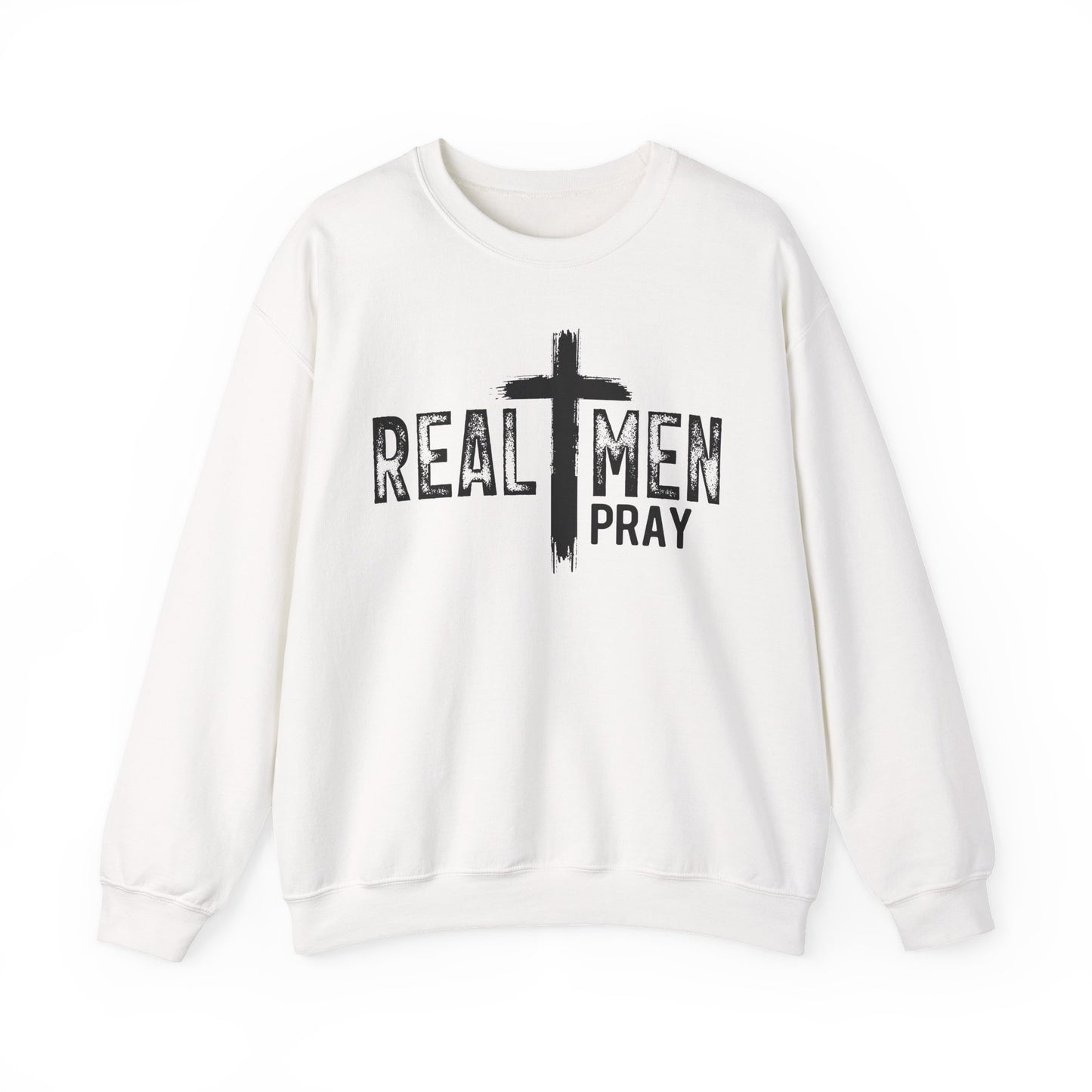 Crewneck Sweatshirt — "Real Men Pray" Christian Cross Faith Graphic