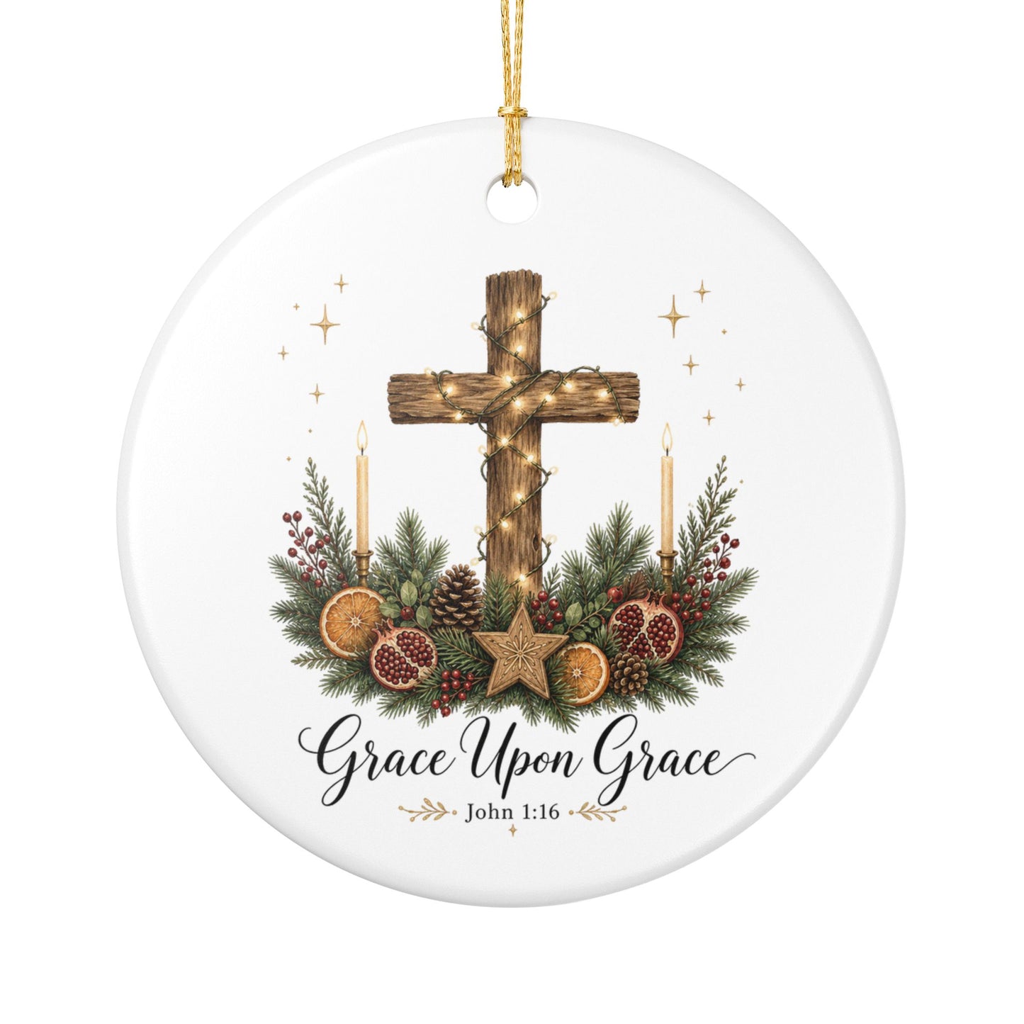 Grace Upon Grace Ceramic Ornament — Christian Cross Christmas Decoration (John 1:16)