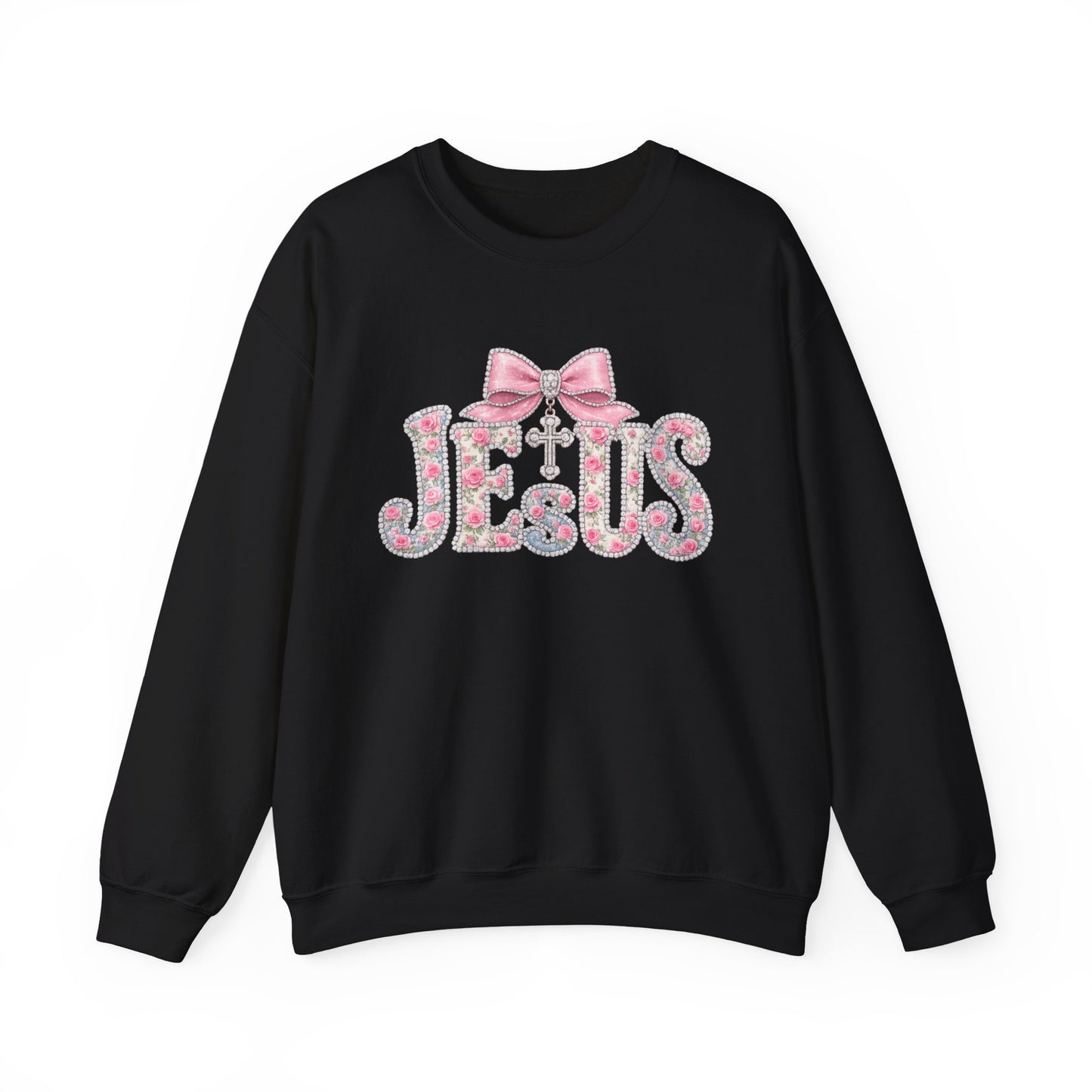 Jesus Floral Bow Crewneck Sweatshirt — Pink Cross Faith Graphic
