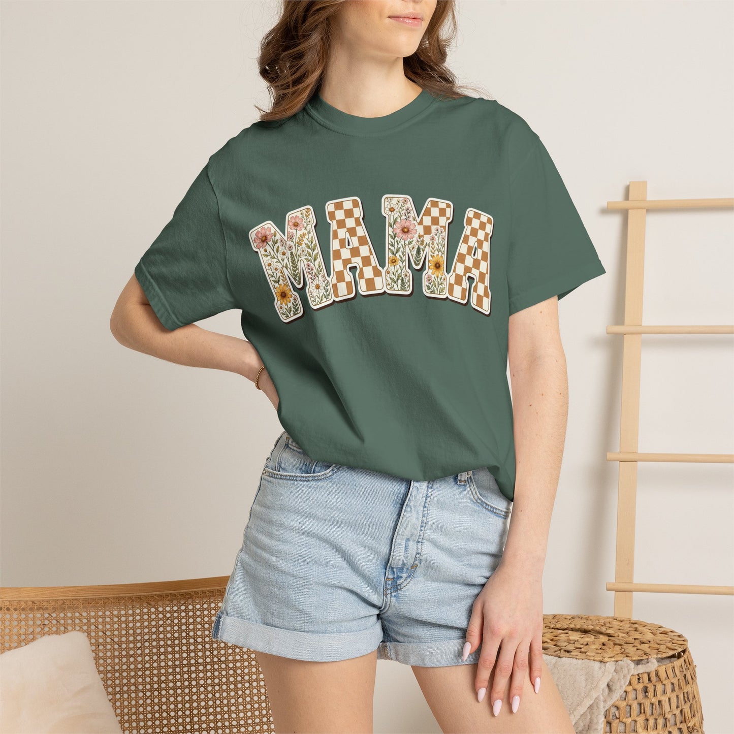 Mama Floral Checkerboard T-Shirt — Retro Mom Graphic Tee