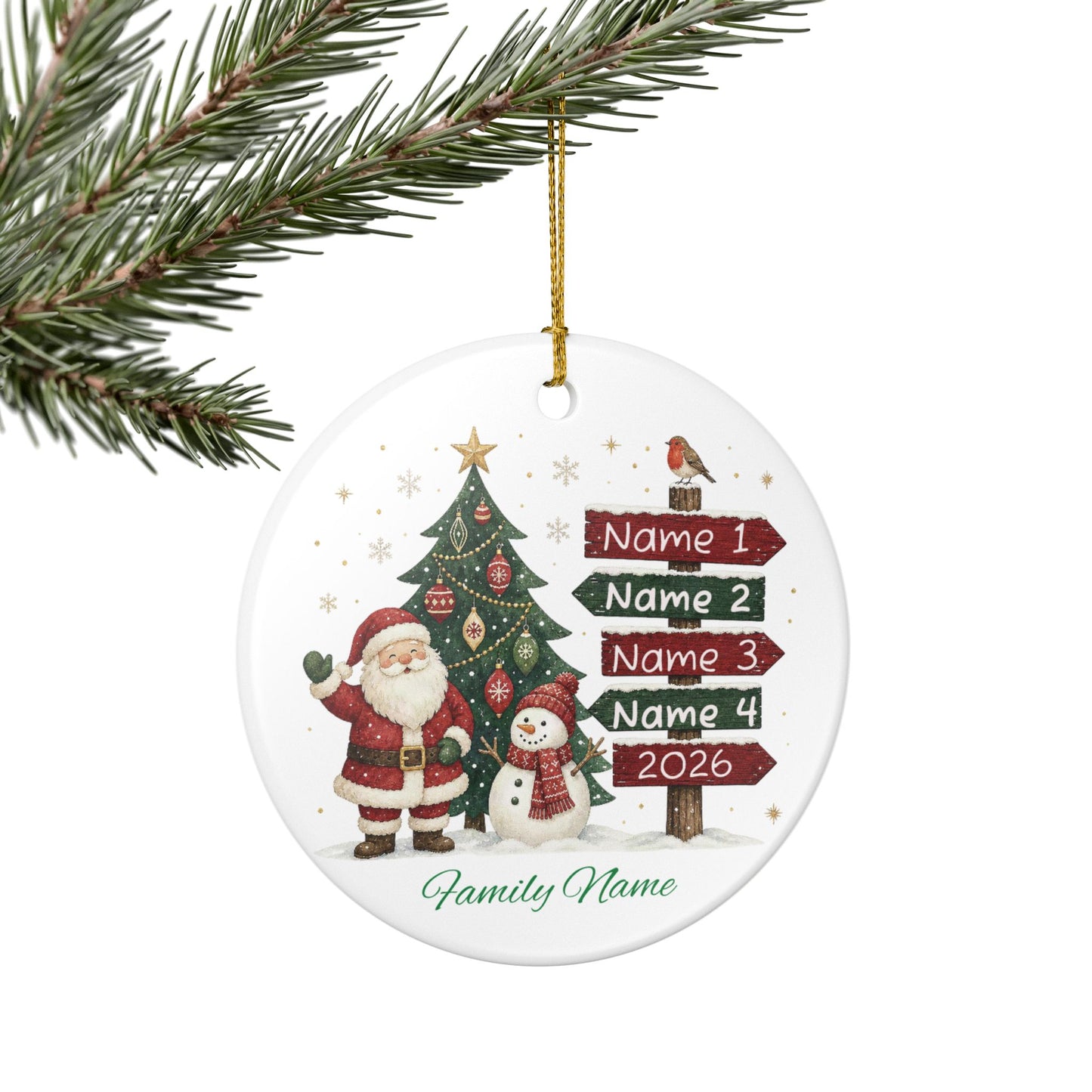 Personalized Ceramic Christmas Ornament — Santa & Tree Family Names 2026