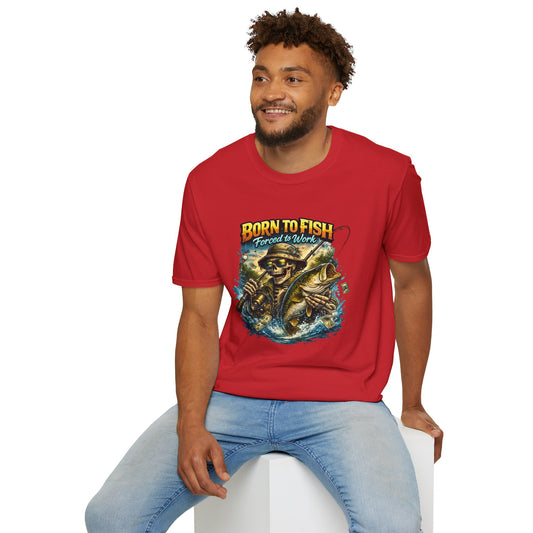 Born to Fish T‑Shirt — "Forced to Work" Fishing Skull Graphic Tee