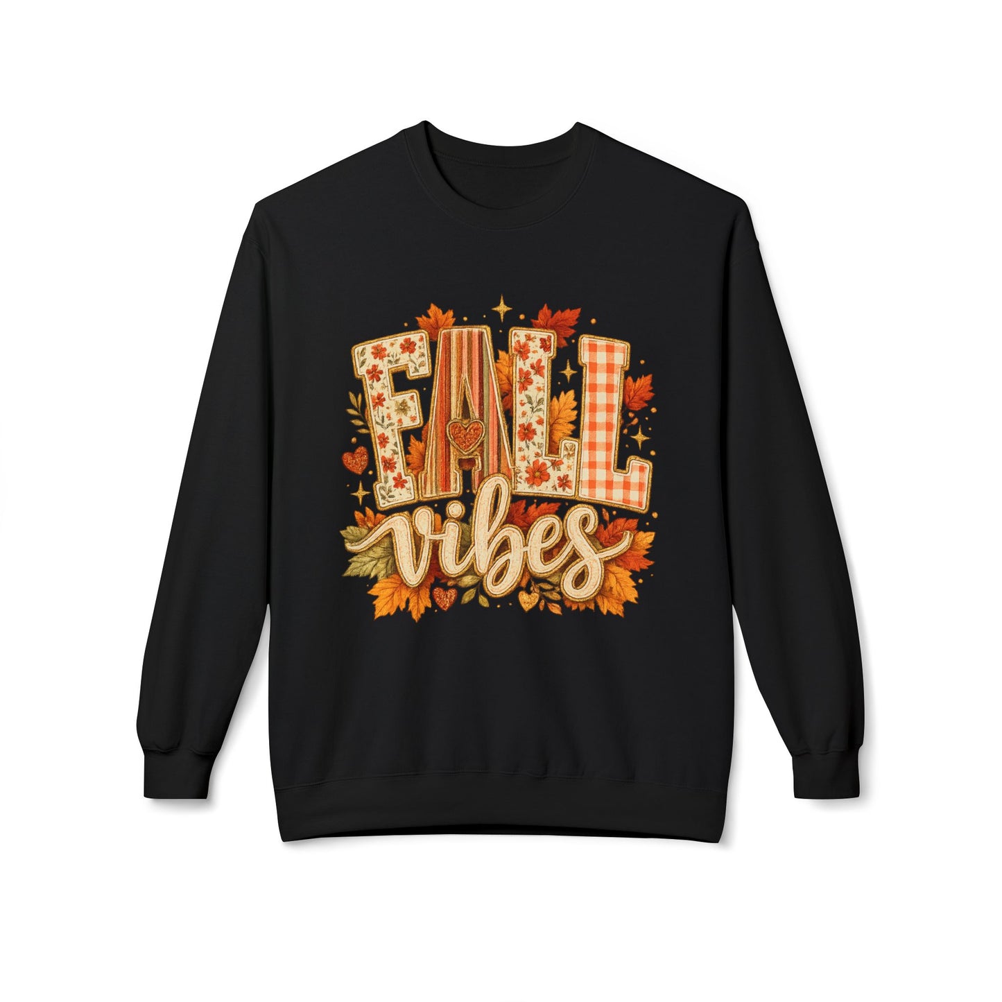 Fall Vibes Crewneck Sweatshirt - Autumn Leaves Plaid Cozy Pullover