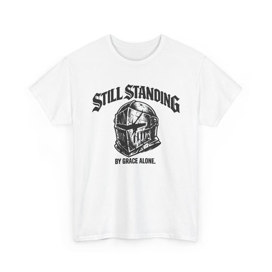 Still Standing Helmet Graphic Tee — "By Grace Alone" Inspirational Knight T‑Shirt