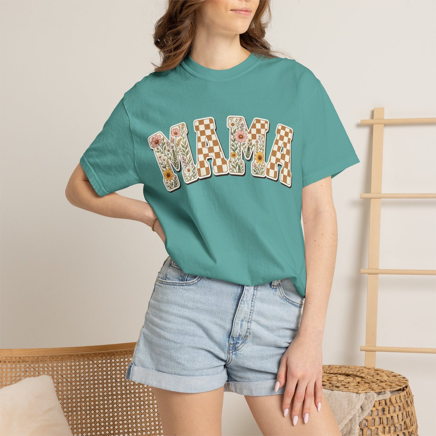 Mama Floral Checkerboard T-Shirt — Retro Mom Graphic Tee