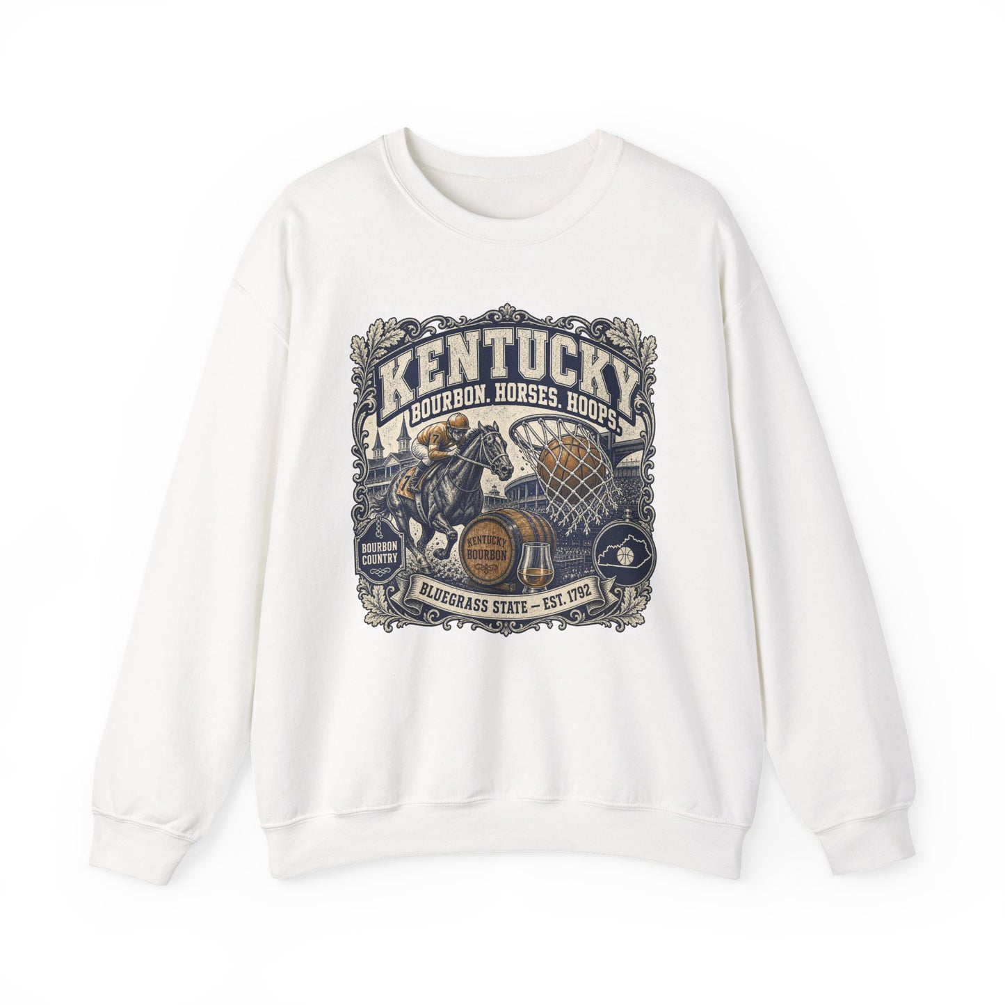 Kentucky Bourbon & Horses Crewneck Sweatshirt — Bluegrass State Graphic Sweatshirt
