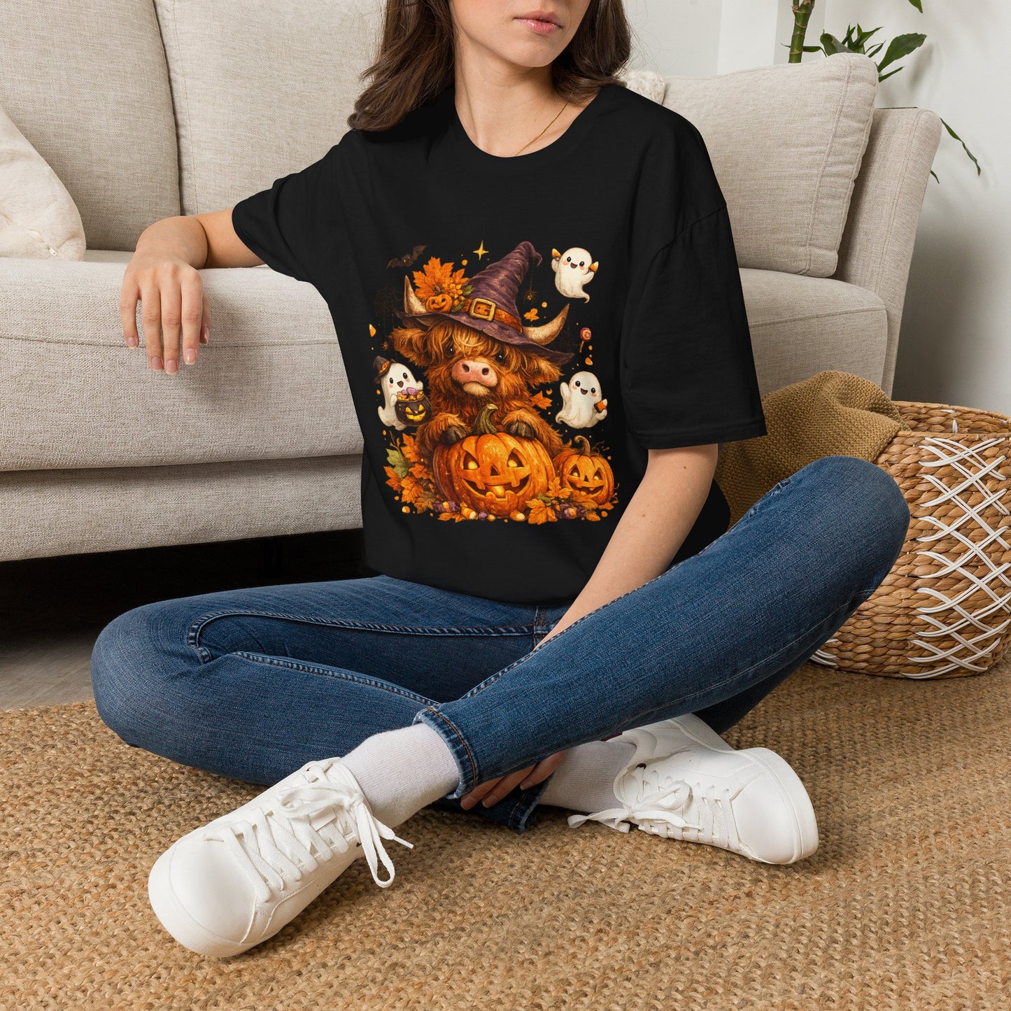Halloween Highland Cow T-Shirt — Cute Cow in Witch Hat with Pumpkins & Ghosts