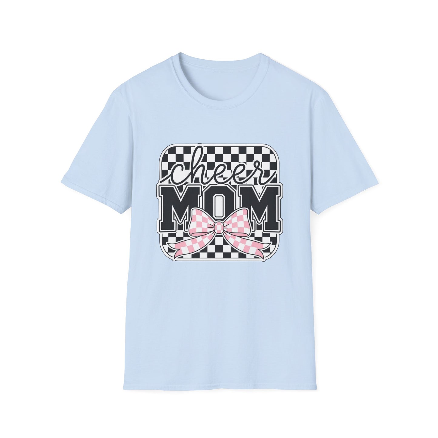 Cheer Mom T‑Shirt — Checkerboard Design with Pink Plaid Bow