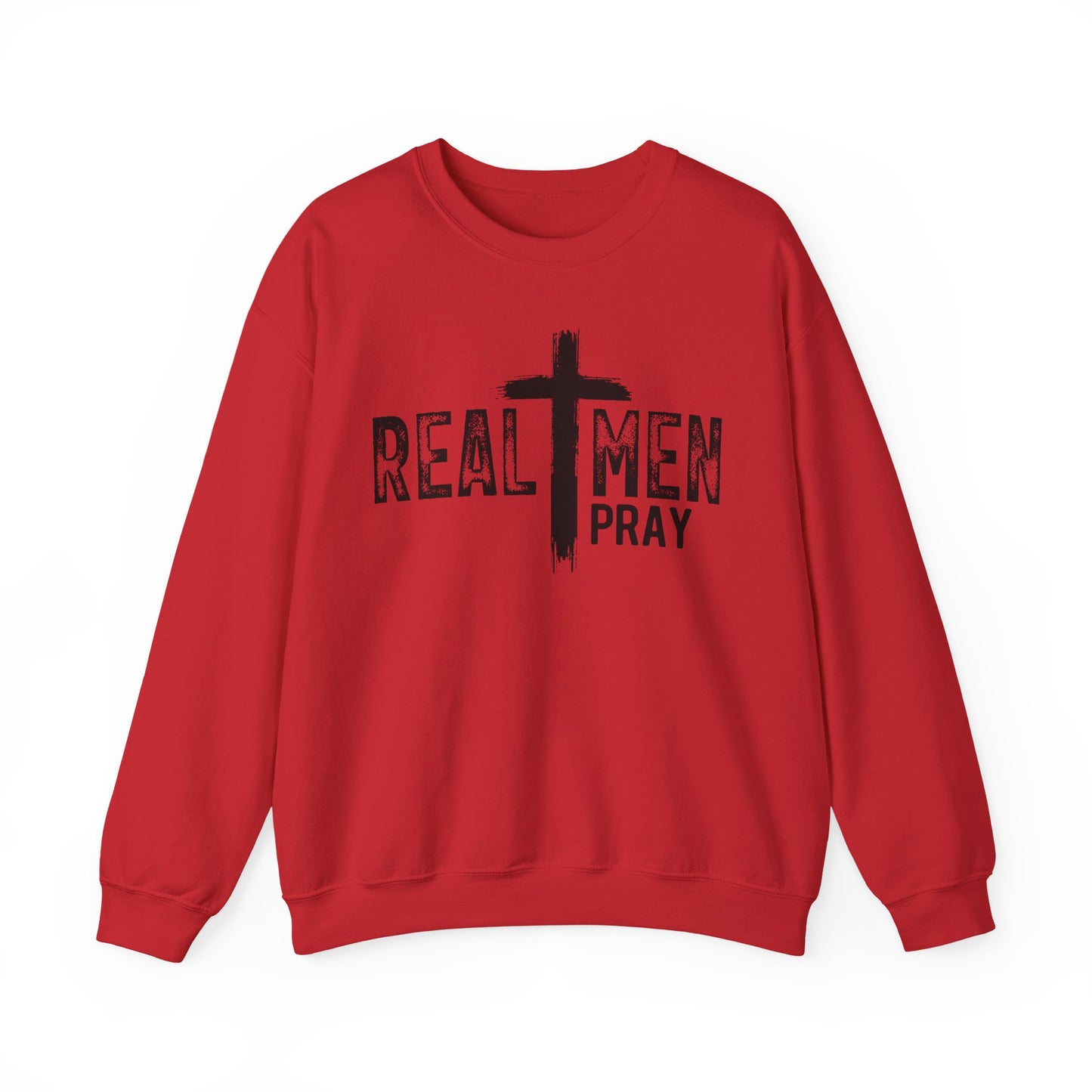 Crewneck Sweatshirt — "Real Men Pray" Christian Cross Faith Graphic