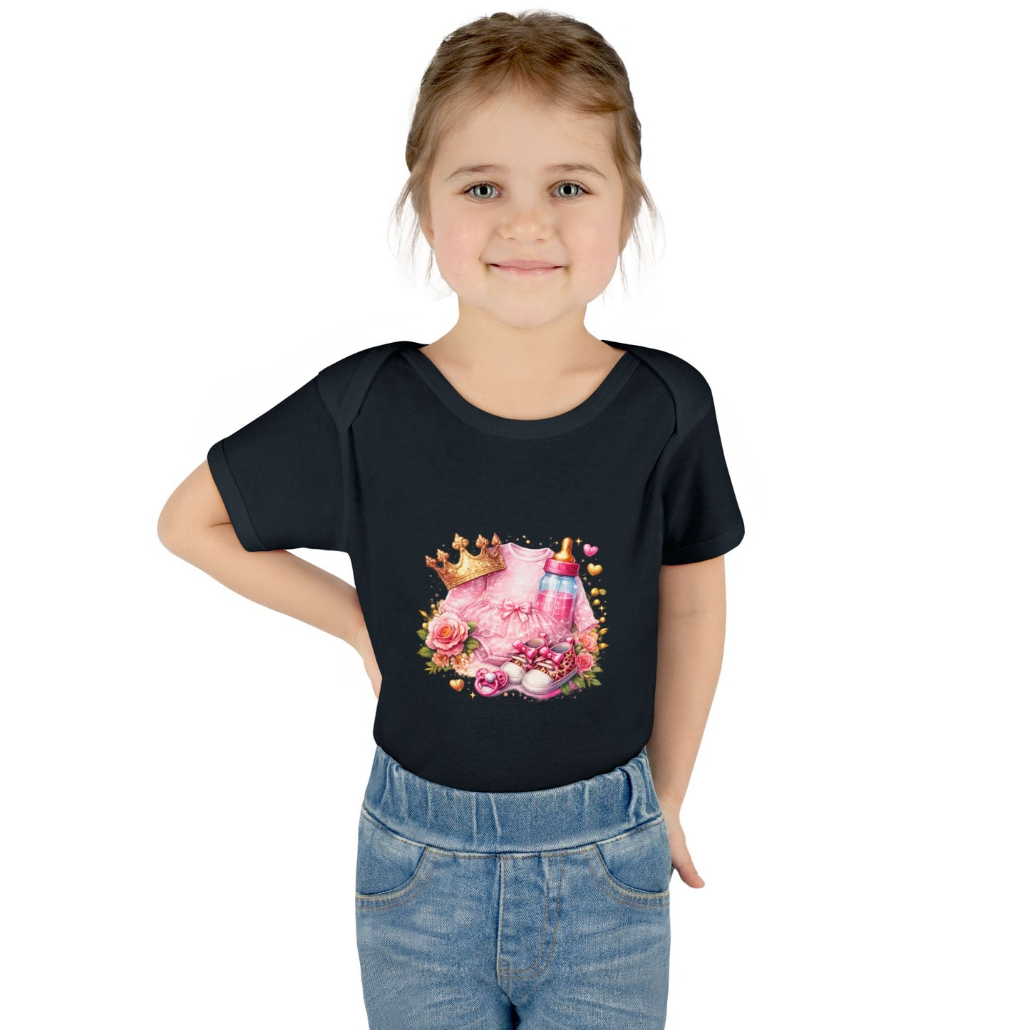 Baby Bodysuit – Pink Princess Crown & Bottle Floral Newborn Onesie