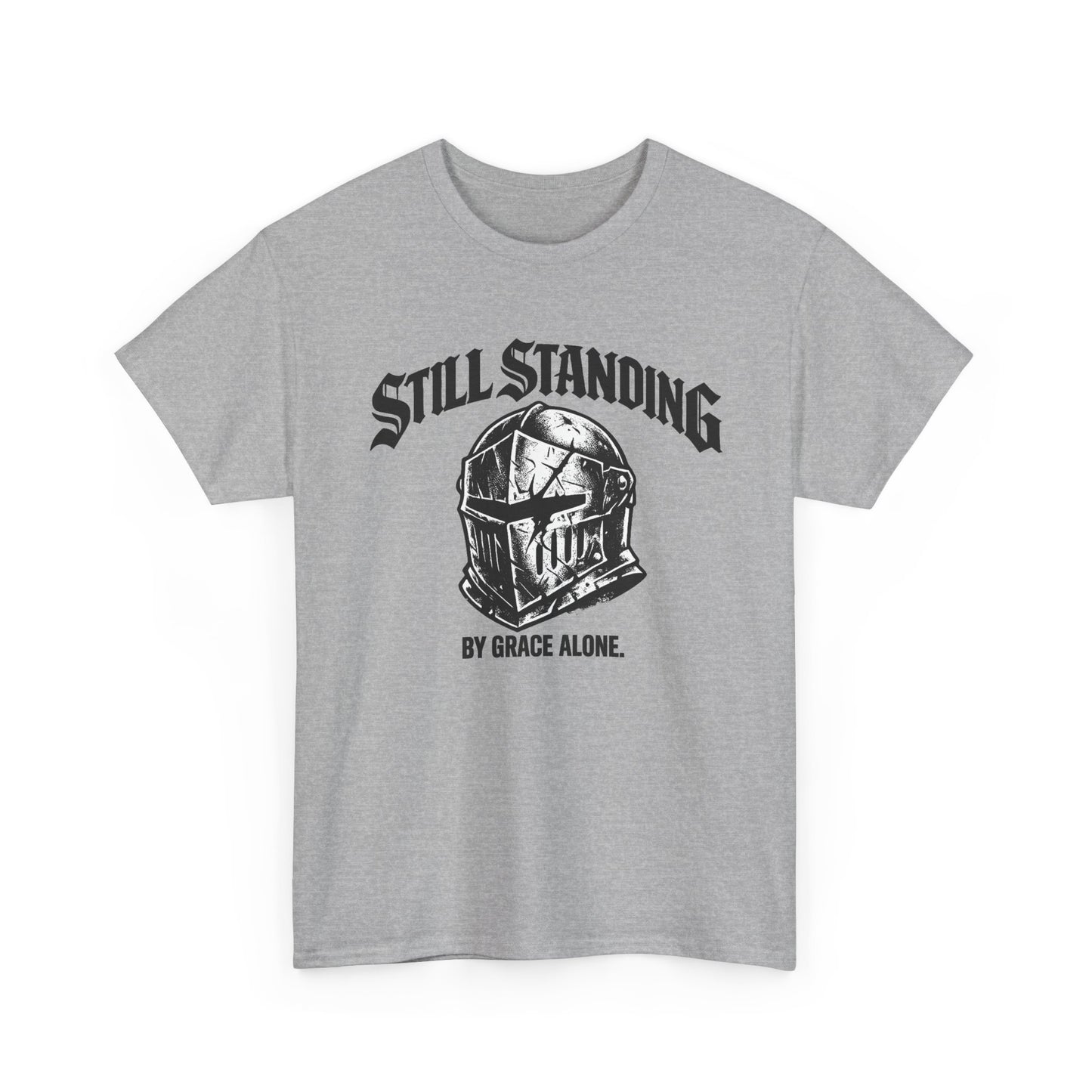 Still Standing Helmet Graphic Tee — "By Grace Alone" Inspirational Knight T‑Shirt